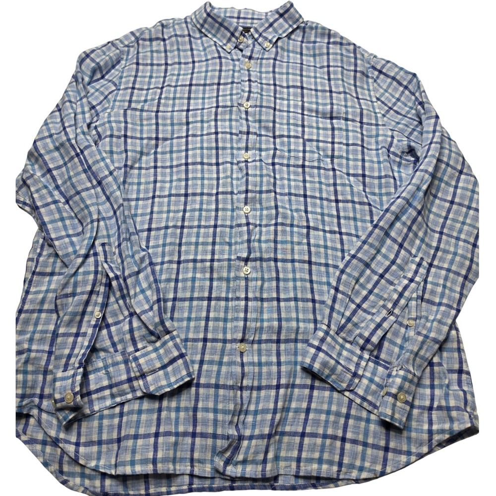 Banana Republic Linen Shirt Mens XL Blue White Plaid Camden Standard Fit LS